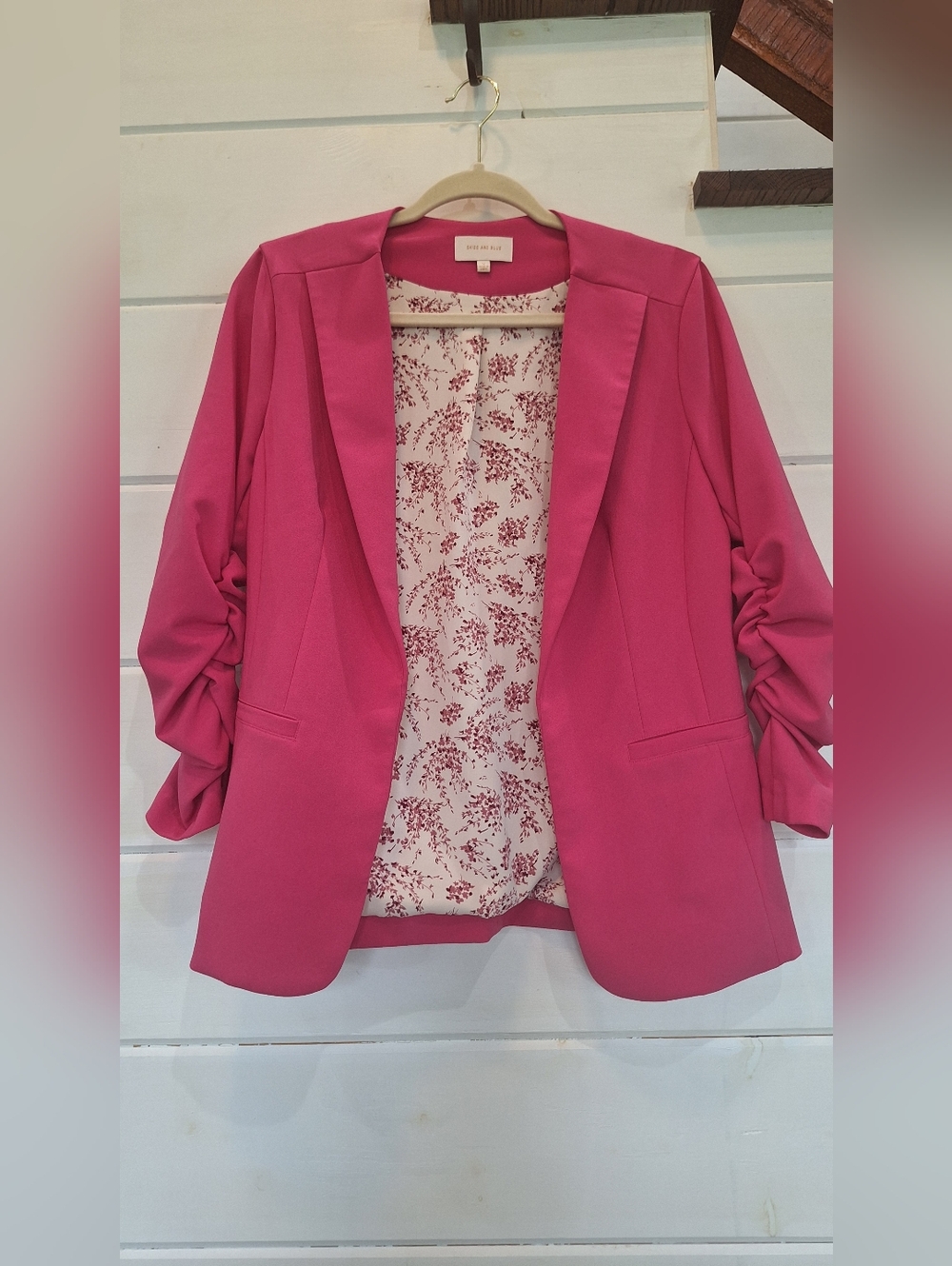 Skies Are Blue Fuchsia Ruched-Sleeve Blazer